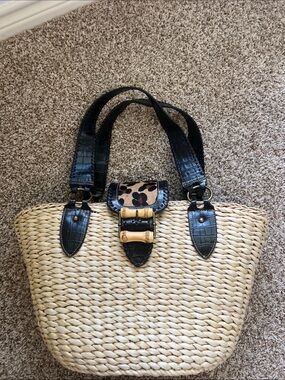 Kate Landry Woven Straw Tote with Black Leather Trim and Leopard Accent